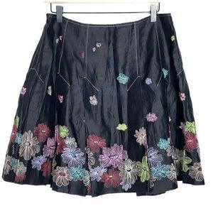 Silkland Linen‎ Embroidered Skirt Womens Sz 4 Charcoal Gray Floral Fairy Grunge